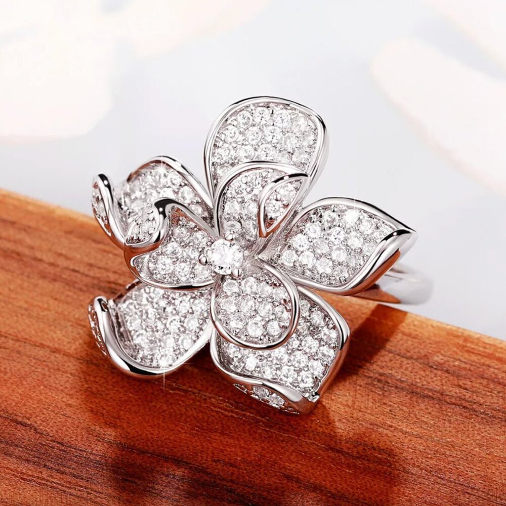 Sterling Silver White Crystal Flower Ring